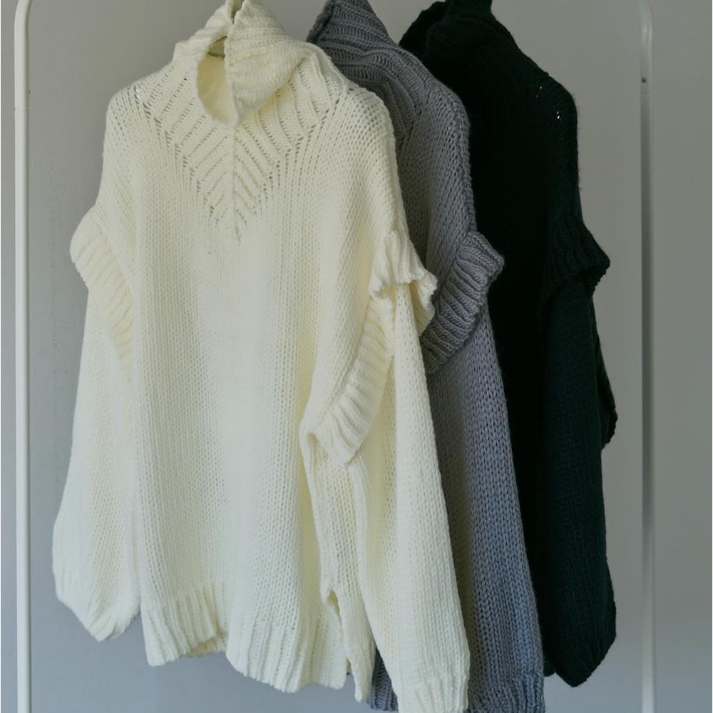 LAST 1! Clearance Vest Ruffle Slouchy Boho Cream Mock Turtleneck Soft Sweater - Picture 4 of 5